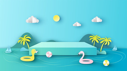 Wall Mural - Square box design for used in placing your products in Summer season. with scenery of sea around. paper cut and craft style. vector, illustration.