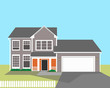 Two-story residential building with an American-style garage. Vector illustration.