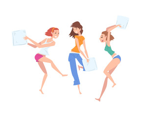 Wall Mural - Beautiful Girls Dressed in Pajamas Playing Pillow Fight at Slumber Party, Group of Girlfriends, Female Friendship Vector Illustration