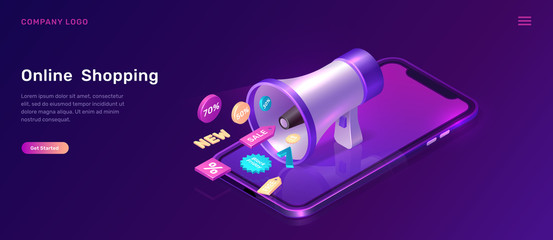Wall Mural - digital marketing and online shopping, isometric concept vector illustration. mobile phone, big mega