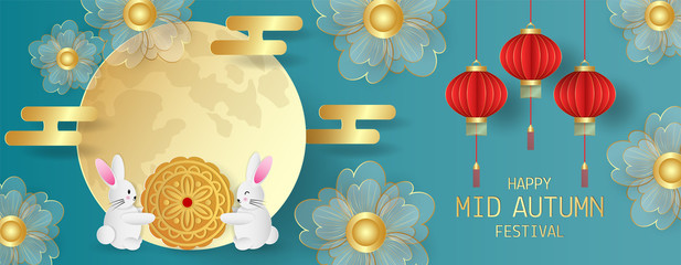 Wall Mural - Mid Autumn festival greeting card with cute rabbit with moon cake, flowers, red lantern and full moon on green background