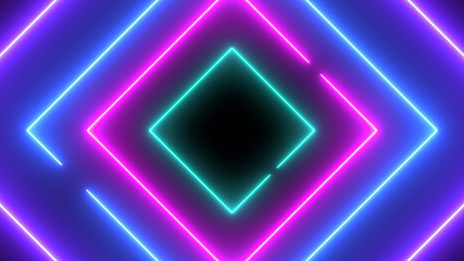 Wall Mural - abstract neon bright colored frame square on dark background. laser show colorful design for banners