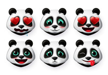 Pandas Emojis And Bear Emoticons Vector Set. Panda Bear Head Face Emoji Like Shy And Inlove Cute Expressions 3d Realistic Design Isolated In White Background. Vector Illustration.