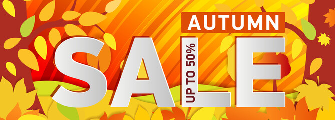 Wall Mural - A horizontal bright orange banner, the gold autumn woods. With text - Autumn Sale up to 50. Vector illustrations for flyers, leaflet, ads.