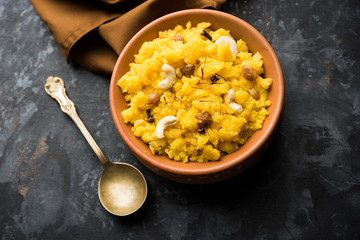 Wall Mural - Pineapple sheera or Halwa also known as Ananas keshri shira. Popular South Indian Dessert recipe. selective focus