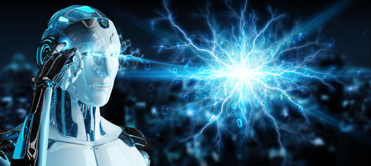 Wall Mural - white humanoid robot creating renewable and sustainable eco energy 3d rendering