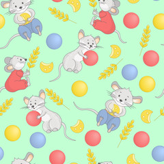 Poster - Seamless pattern with cute mice, balls, cheese and spikelets, for 2020