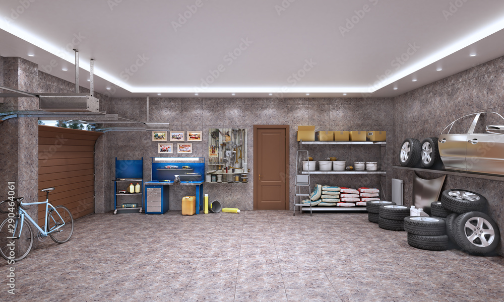 Garage interior with marble tiles and car components, 3d illustration - obrazy, fototapety, plakaty 
