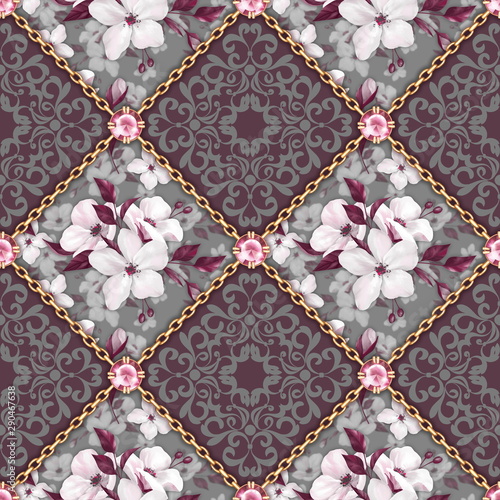 Seamless decorative pattern with flowers and chains. Decorative background