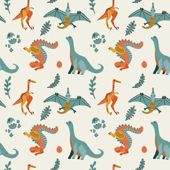  Cute childish seamless pattern with dinosaurs t-rex with eggs, decor. Funny cartoon dino pterodactyl. Hand drawn doodle design for girls, kids. children illustration for fashion clothes, fabric