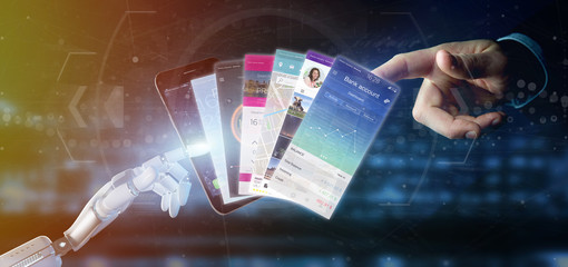 Cyborg hand holding Mobile application template on a smartphone 3d rendering