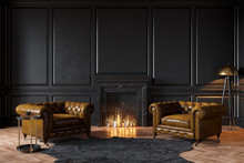 Black Classic Interior With Fireplace, Leather Armchairs, Carpet, Candles. 3d Render Illustration Mockup.