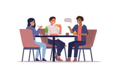 Friends Sitting In Cafe And Talking. Girl And Boys Drinking Coffee And Eating. Young People Characters Spending Time Together. Flat Cartoon Vector Illustration.