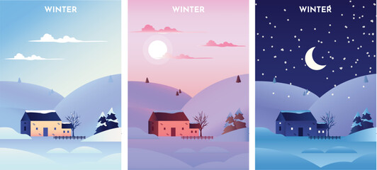 Winter Landscape at sunrise, sunset and night. Winter Season banners set template vector illustration.