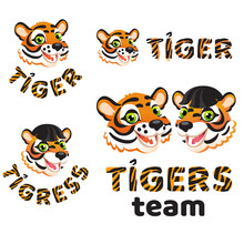 Four Types Of Cartoon Logos With Tiger And Tigress Head And Text