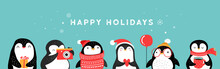Cute Hand Drawn Penguins Collection, Merry Christmas Greetings. Vector Illustration