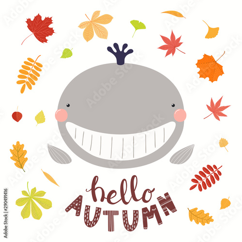 Hand drawn vector illustration of a cute funny whale with falling tree leaves...