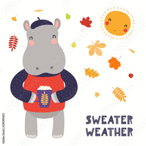 Hand drawn vector illustration of a cute hippo in beret, with hot drink, leav...