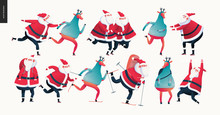 Sporting Santa And Deer Set - Modern Flat Vector Concept Illustration Of Cheerful Santa Deer Wearing A Sweater And Santa Skiing, Skating And Standing