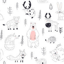 Forest Animal Seamless Pattern Woodland Childish Print In Scandinavian Decorative Style. Seamless Childish Pattern With Cute Bear, Fox, Hedgehogs In The Wood.