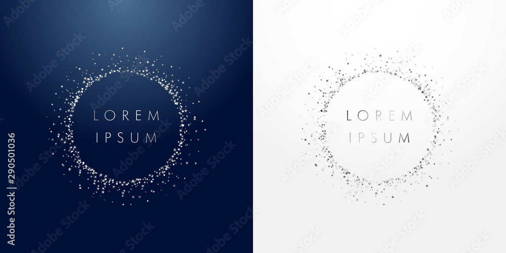 Silver sparkling ring with dust glitter graphic on dark blue and white background. Glorious decorative glowing shiny design. Discount sign with empty center. Letter O vector logotype or zero label - obrazy, fototapety, plakaty 