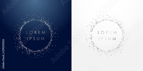 Fotografía Silver sparkling ring with dust glitter graphic on dark blue and white background