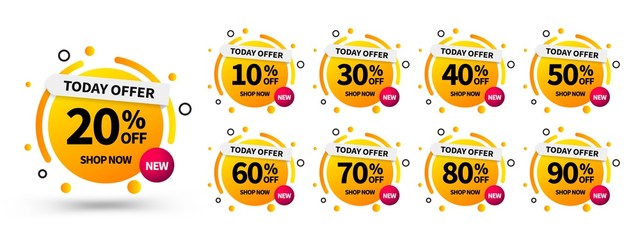 Wall Mural - sale tags set vector badges template, up to 10, 20, 90, 80, 30, 40, 50, 60, 70 percent off. template