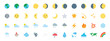 Earth, Planet Icons Vector Set. All Type of Moon Faces. Weather Icons Collection. Temperature, Cloud, Sky Symbols, Emojis Set