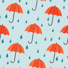 Wall Mural - Seamless umbrellas and rain drops pattern. Watercolor Autumn background