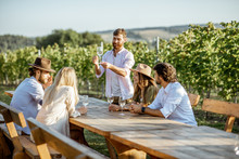 Group Of A Young People Drinking Wine And Talking Together While Sitting At The Dining Table Outdoors On The Vineyard On A Sunny Evening
