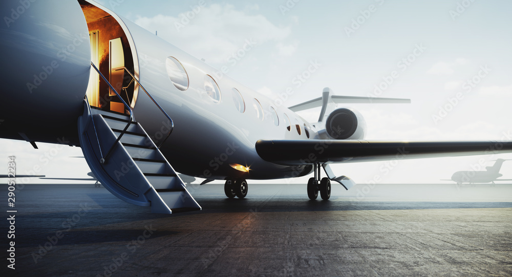Closeup view of private jet airplane parked at outside and waiting business persons. Luxury tourism and business travel transportation concept. 3d rendering - obrazy, fototapety, plakaty 