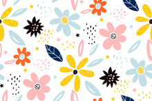 Seamless Childish Pattern With Fairy Flowers. Creative Kids City Texture For Fabric, Wrapping, Textile, Wallpaper, Apparel.