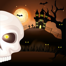 Skull Dead With Haunted Castle In Halloween Scene