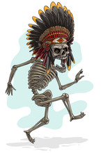 Cartoon Detailed Realistic Colorful Scary Human With Skull In Native American Indian Chief Headdress With Feathers. Isolated On White Background. Vector Icon.