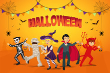 Happy Halloween Background. Kids Dressed In Halloween Costume To Go Trick Or Treating With Orange Background