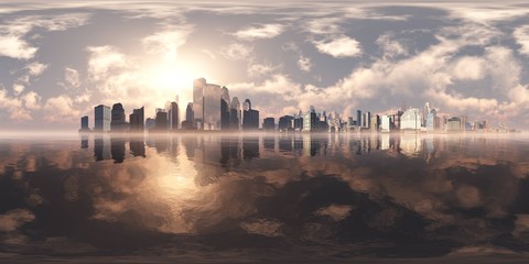 Wall Mural - City on the sea. A modern city above the water. Environment map. HDRI . equidistant projection. Spherical panorama. landscape.