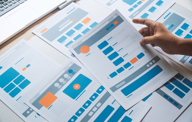 Website designer Creative planning application developer development draft sketch drawing template layout prototype framework wireframe design studio . User experience concept .
