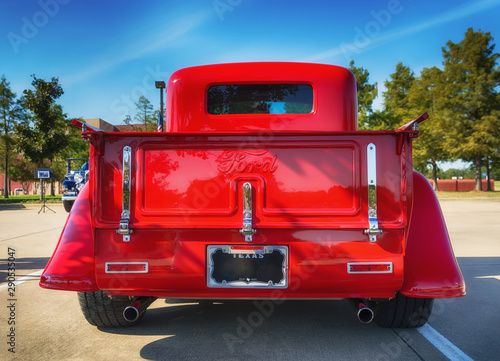 Rear View Of A Vintage Red 1935 Ford Pickup Truck Classic