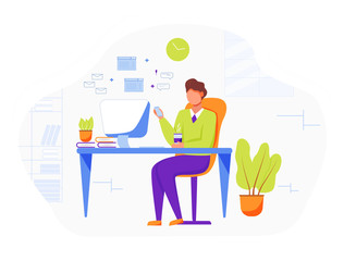 Wall Mural - office worker flat vector illustration. businessman, boss drinking coffee. comfortable workplace wit