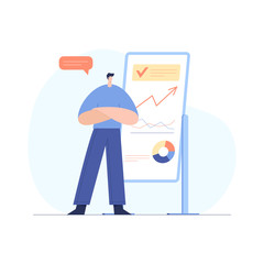 Poster - Modern businessman interacting with charts and analysing statistics. Cute cartoon male character demonstrating development strategy on the stand, data visualisation. Flat vector illustration.