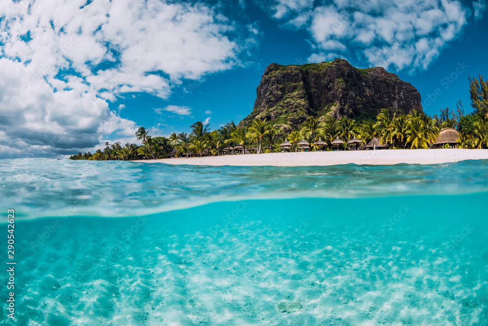 Tropical crystal ocean with Le Morne mountain and luxury beach in Mauritius. Split view. - obrazy, fototapety, plakaty 
