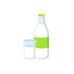 Wall Mural - Kefir bottle and glass isolated on background. Flat vector illustration.