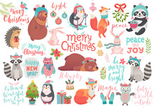Christmas Set, Hand Drawn Style - Calligraphy, Animals And Other Elements.