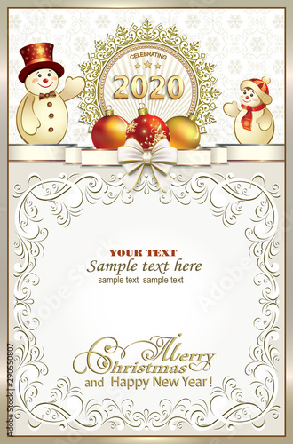 Happy New Year 2020 With Snowmen On Background Of Snowflakes