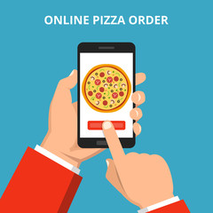 Wall Mural - Online order pizza. Hand holding smartphone with round pizza on the screen. Order fast food concept. Flat vector illustration.