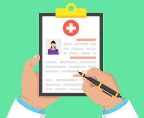 Wall Mural - doctor holding medical clipboard and takes notes on it. medical report. vector illustration.