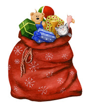 Picture Of A Red Sack With Christmas Gifts Hand Drawn In Watercolor Isolated On A White Background.