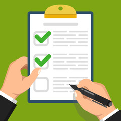 Wall Mural - hand with black pen and clipboard with green checklist. fill form concept. vector illustration.