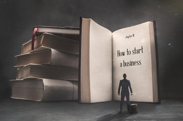 Abstract vision of a businessman standing in front of a huge book with description 