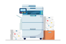 Printer, Office Machine With Paper, Document Stack. Scanner, Copy Equipment. Multifunction Device. Paperwork With Carton, Cardboard Box. Vector Cartoon Design